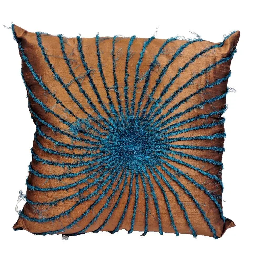 Twill Tweed Sunburst Teal and Gold Square Decorative Throw Pillow 16